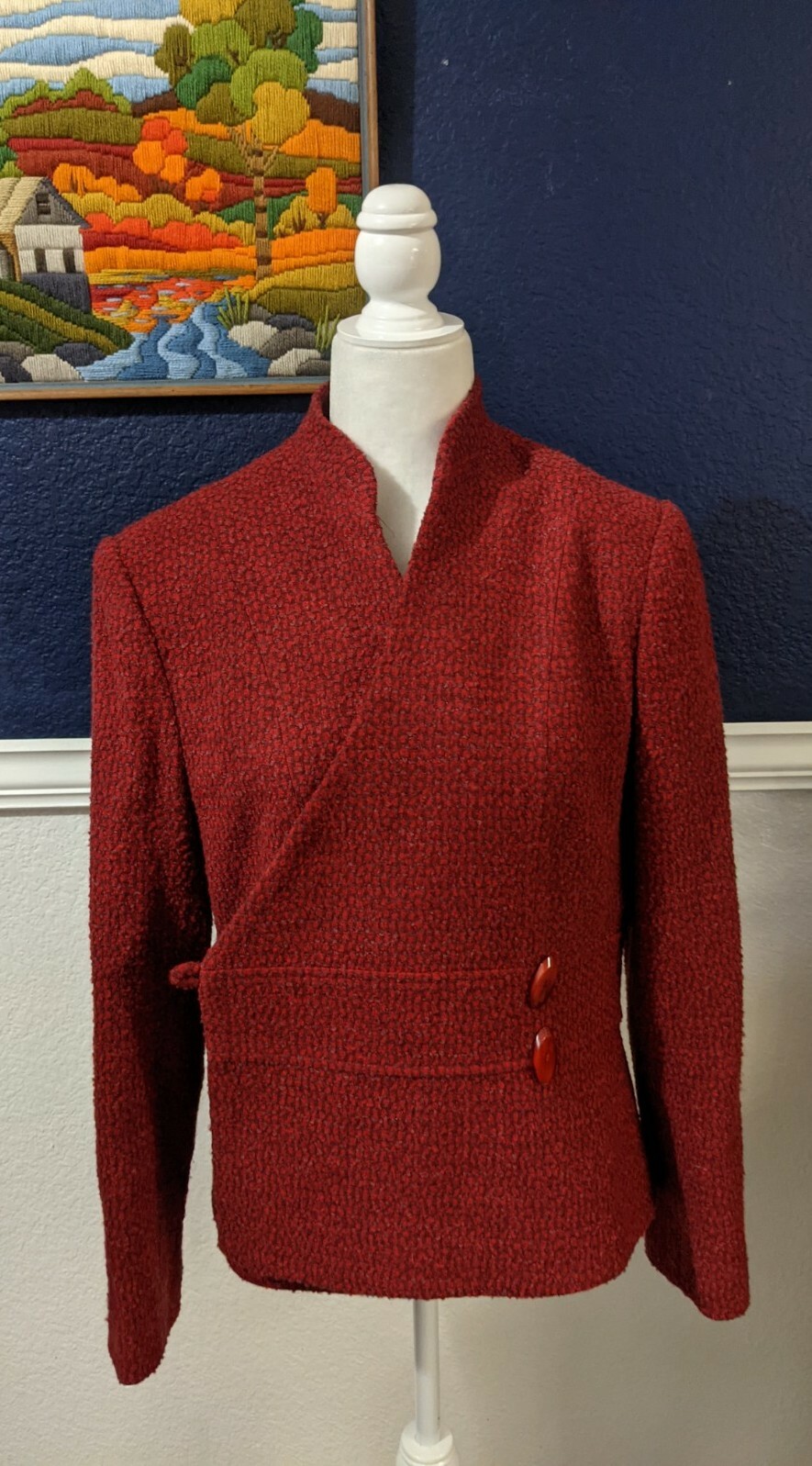 VTG Norm Thompson One Button Red Wool Blend Cardigan Wrap Sweater Sz 12 Large L