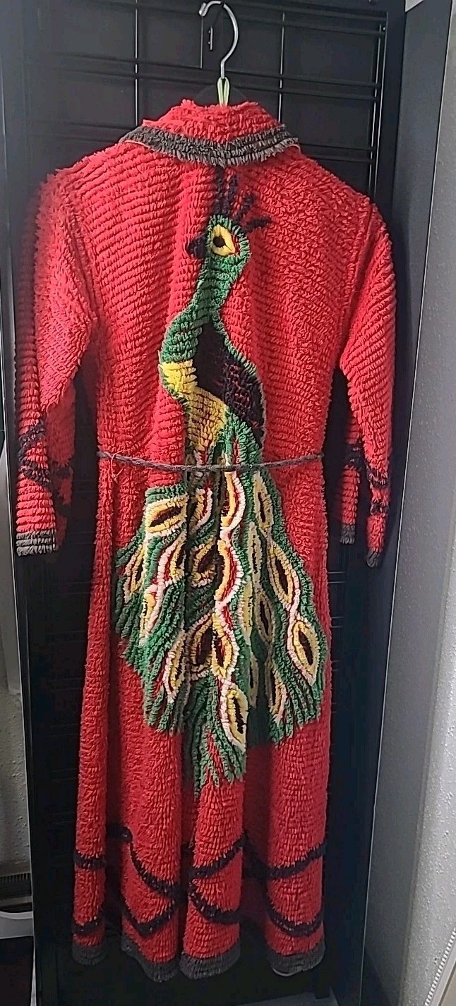 Vintage Red MCM Peacock Chenille Dressing Robe 1950s Cotton size S/M Bathrobe