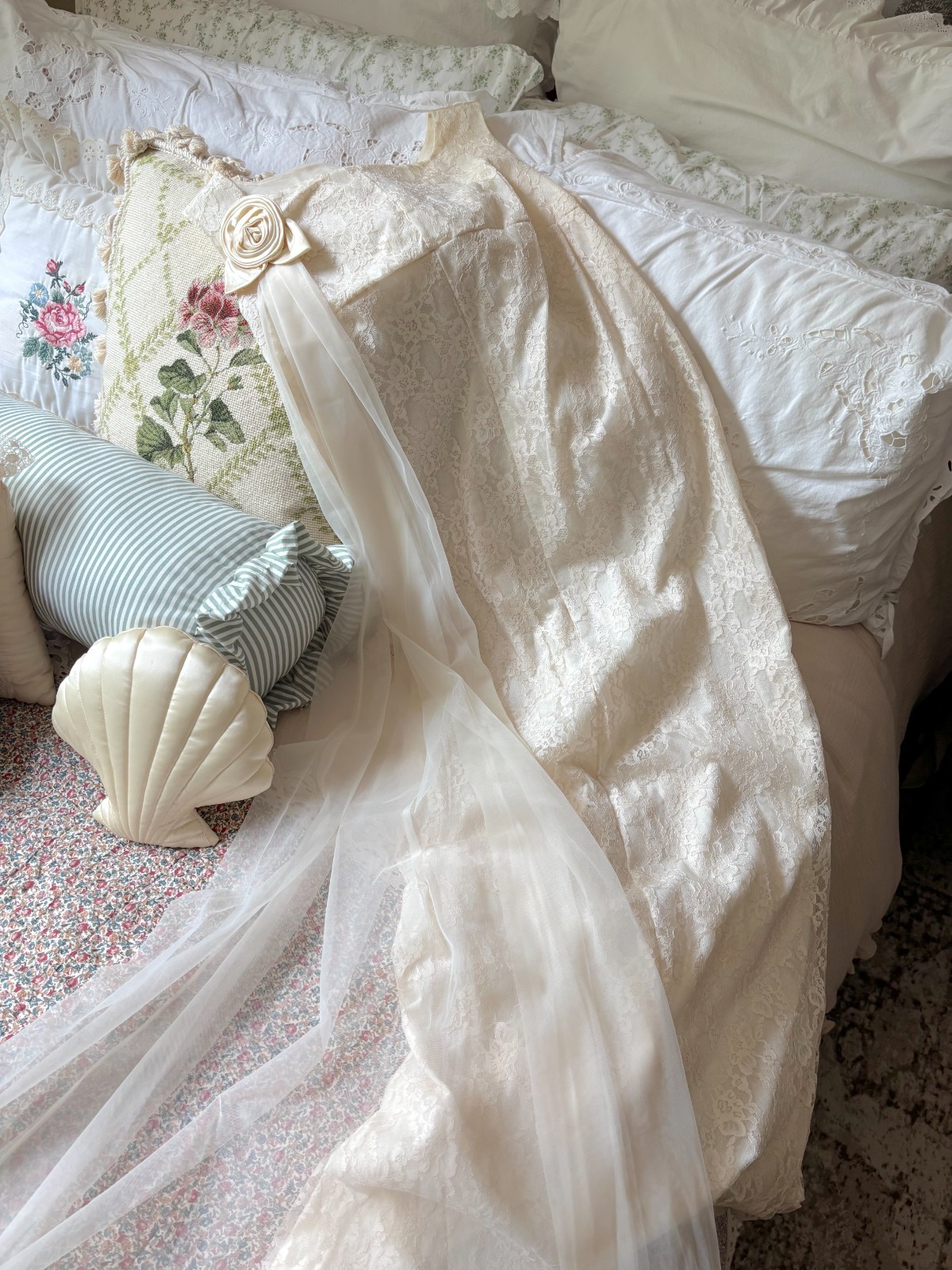 Vintage 60s Cream Lace Wedding Gown: Nylon, Sleeveless, Detachable Rosette Train