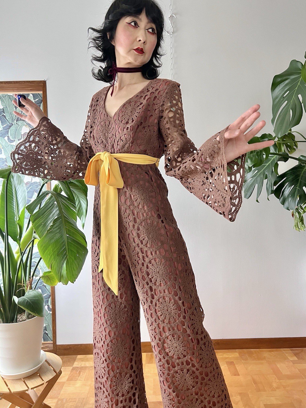 60s 70s Joy Stevens California Crochet Lace Bell Sleeve Flared Wide Leg Jumpsuit