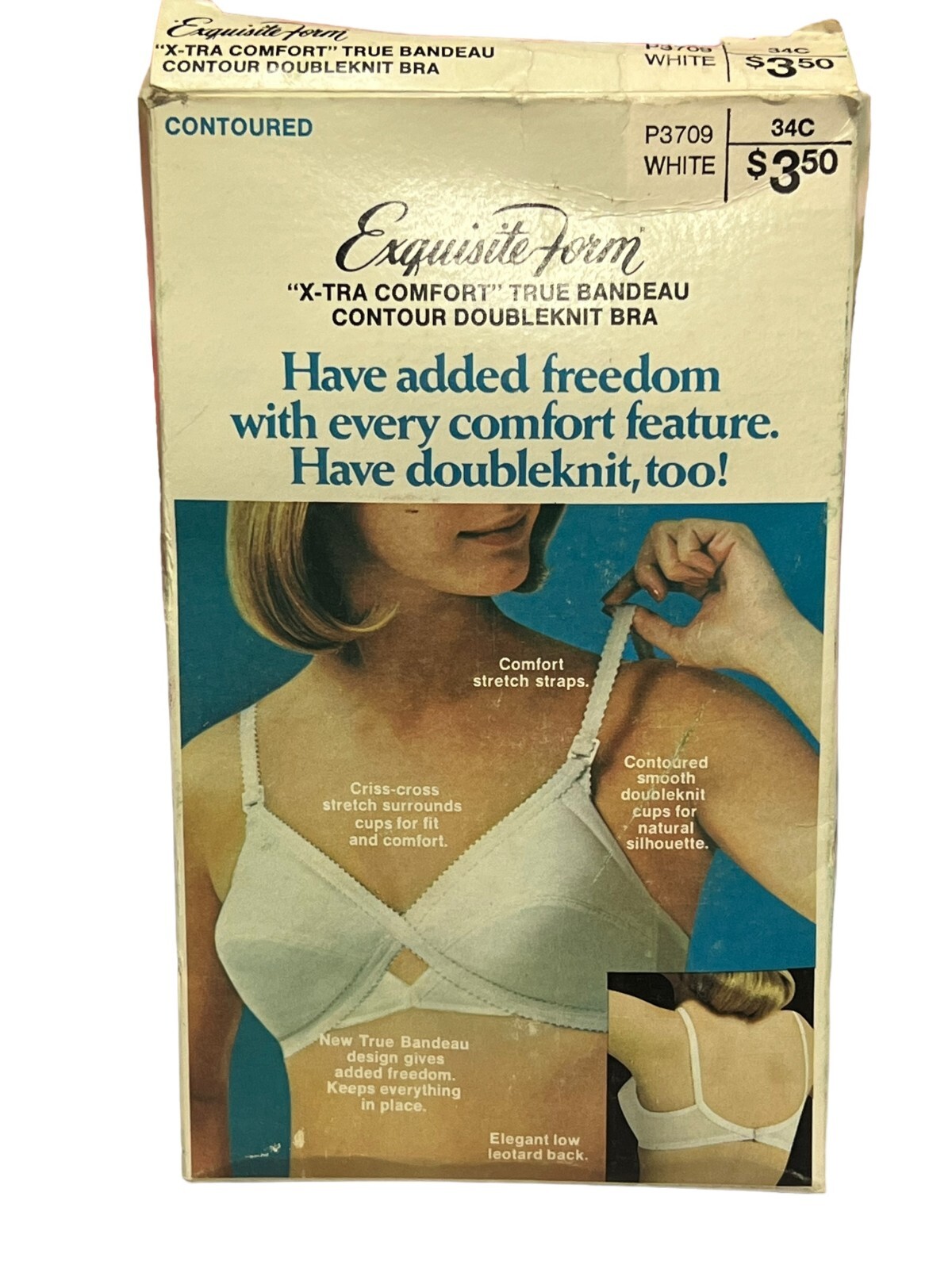 34 C VTG 70s NOS Nylon Bra Bandeau Knit Low Back Exquisite Form P3709 White 1970