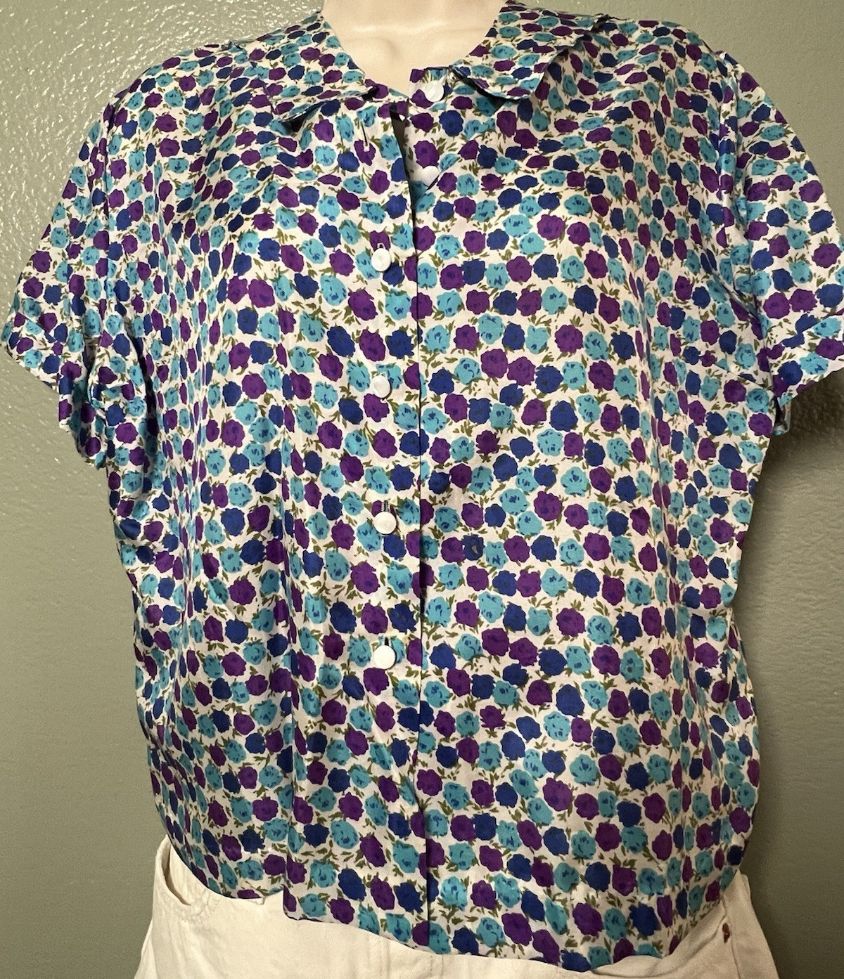 Judy Bond Pure Silk Floral Button Front Blouse Purple Blue White Size 36