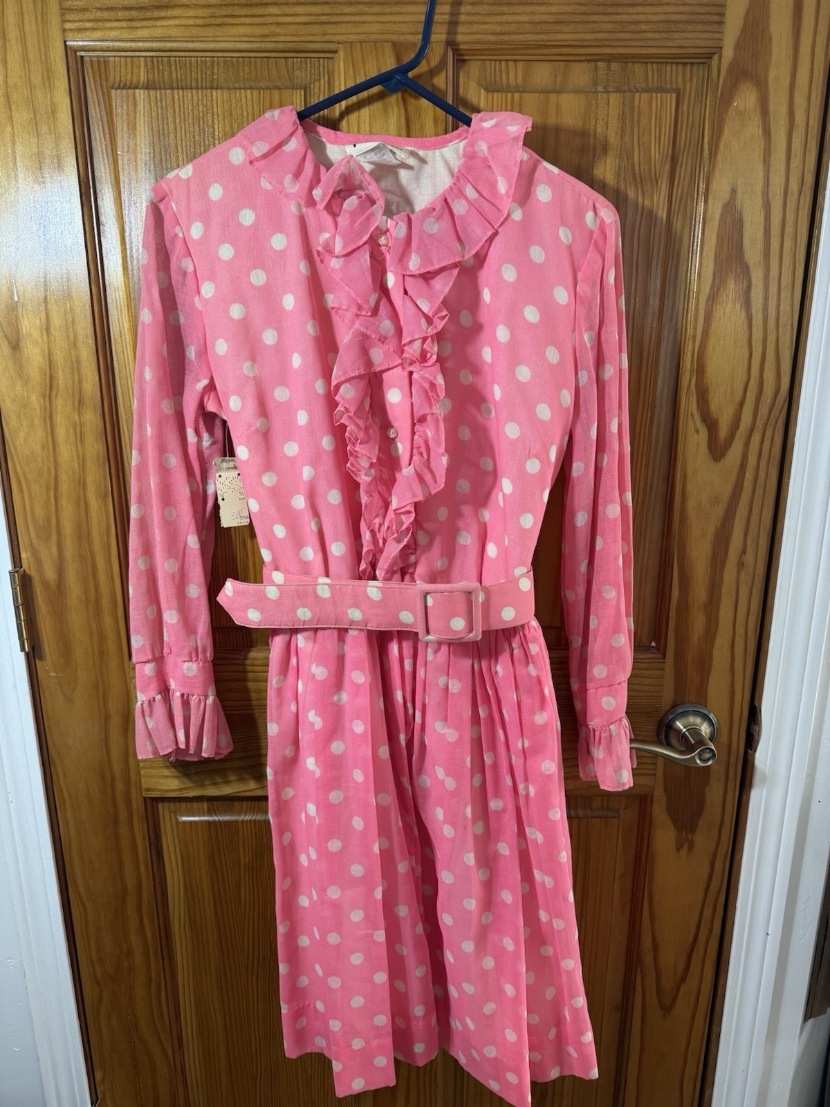 Vtg Secretary Ruffle Dress Gallant of California Pink Polka Dot Belted NWT Sz 16