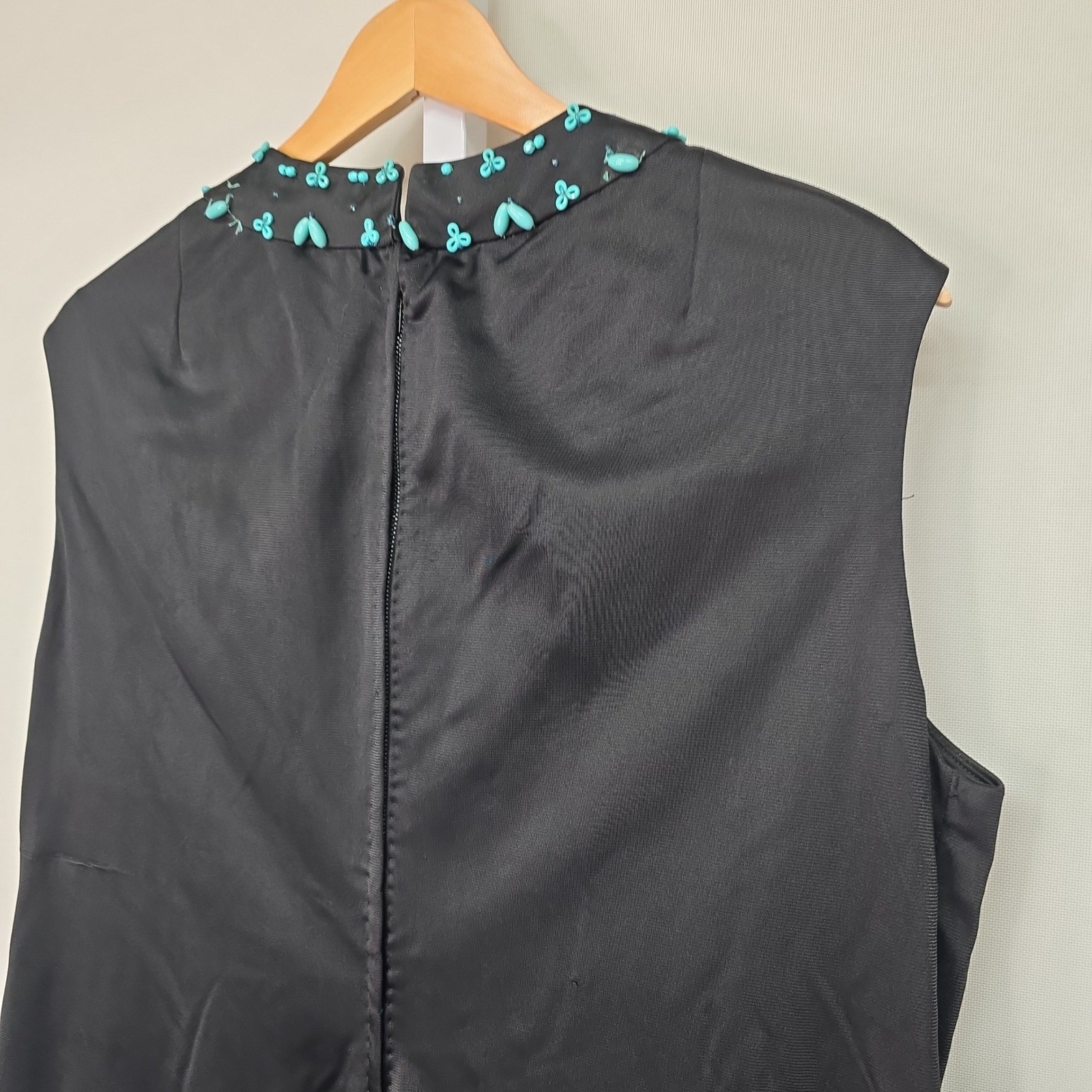Vintage Black Sleeveless Mini Dress Turquoise Beaded Neckline Mod Cocktail