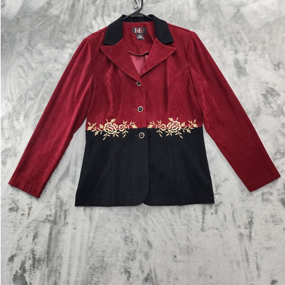 Vintage R&K Originals Pant Suit Womens 12 Black Burgundy Gold Embroidered Sueded