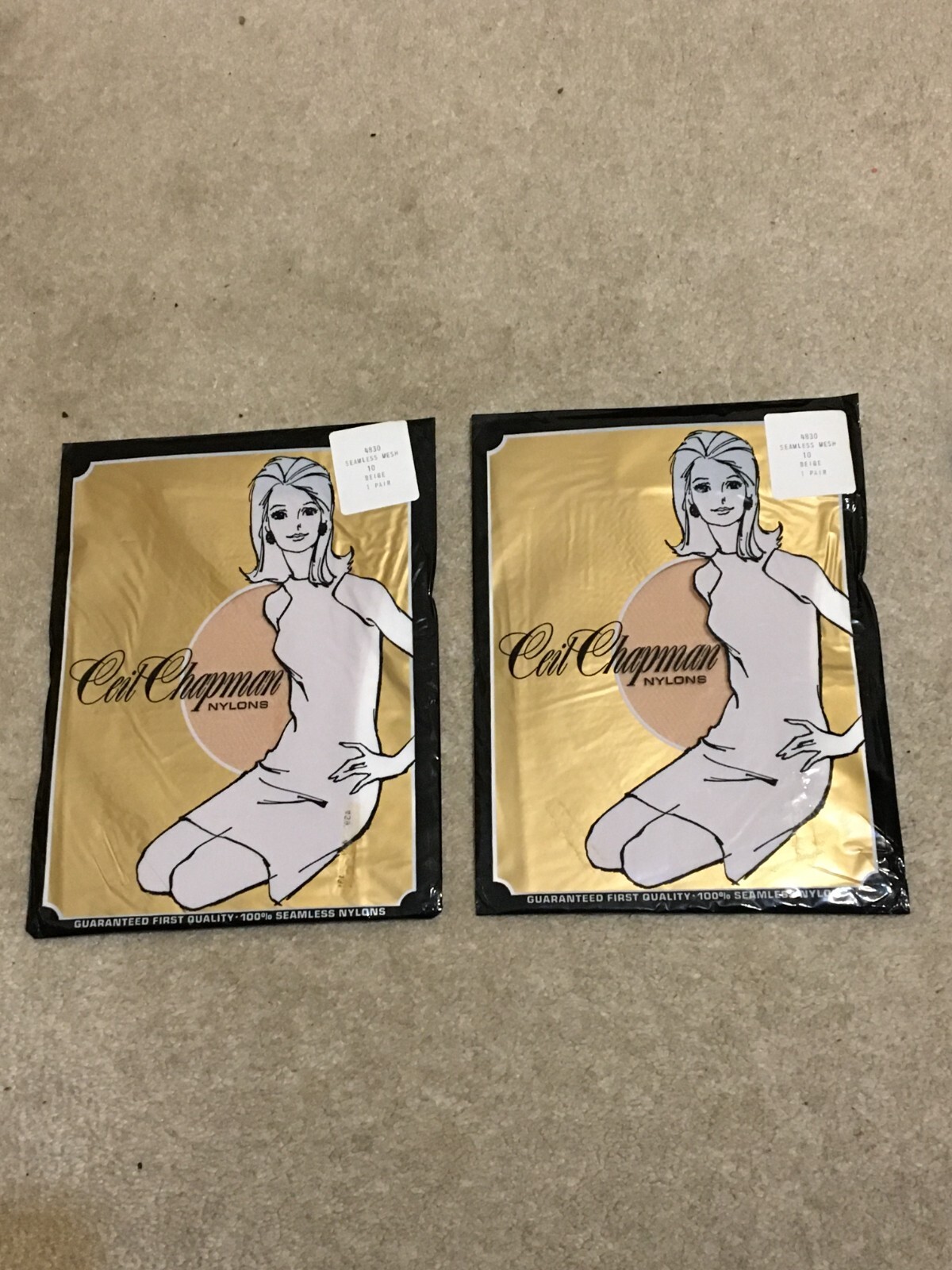 2pr Vtg 1960s Ceil Chapman Reinforced Heel Toe Seamless Mesh Stockings 10 Beige