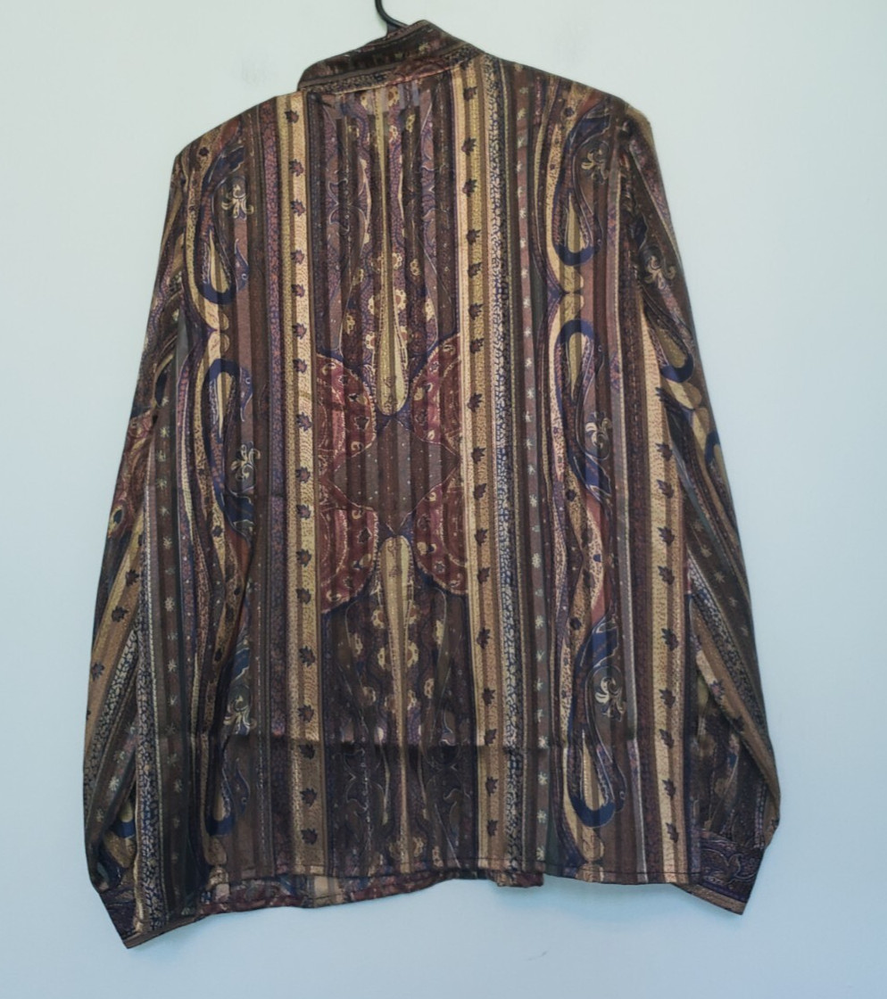 VTG Yves St. Clair Womens 12 Blouse Band Collar Paisley Stripe Gold Career Sheer