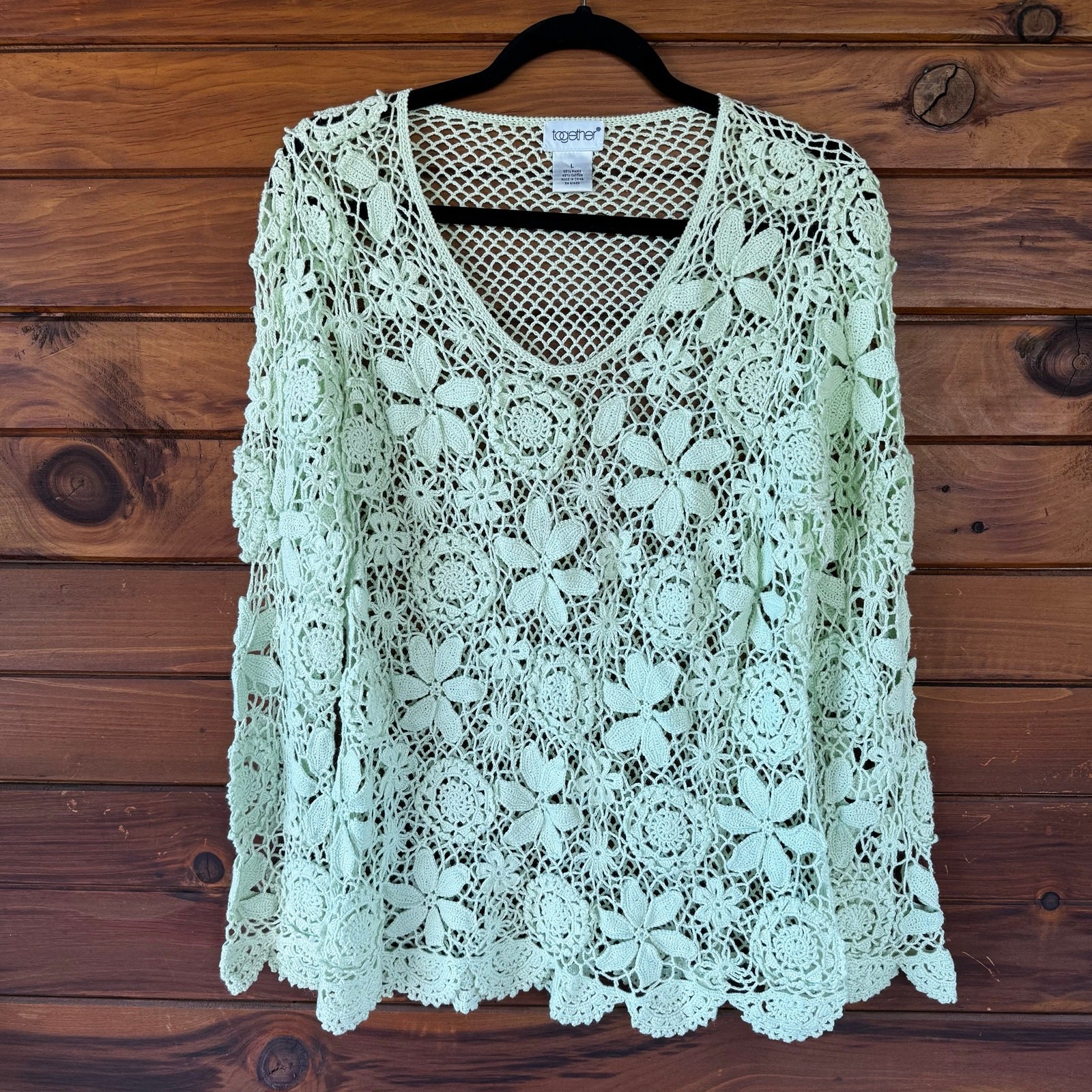 Vintage Y2K Together Mint Green Floral Crochet Blouse Top Size Large