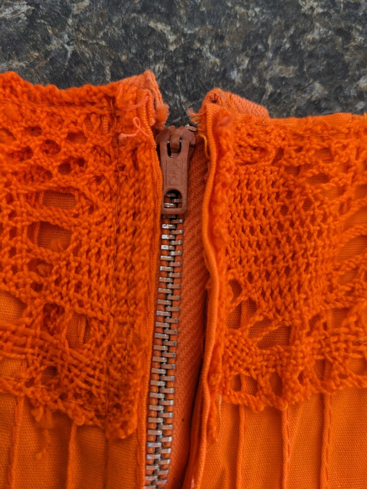 Vintage Orange Cotton Pintuck Crochet Lace Mexican Boho Peasant Dress Maxi 70s