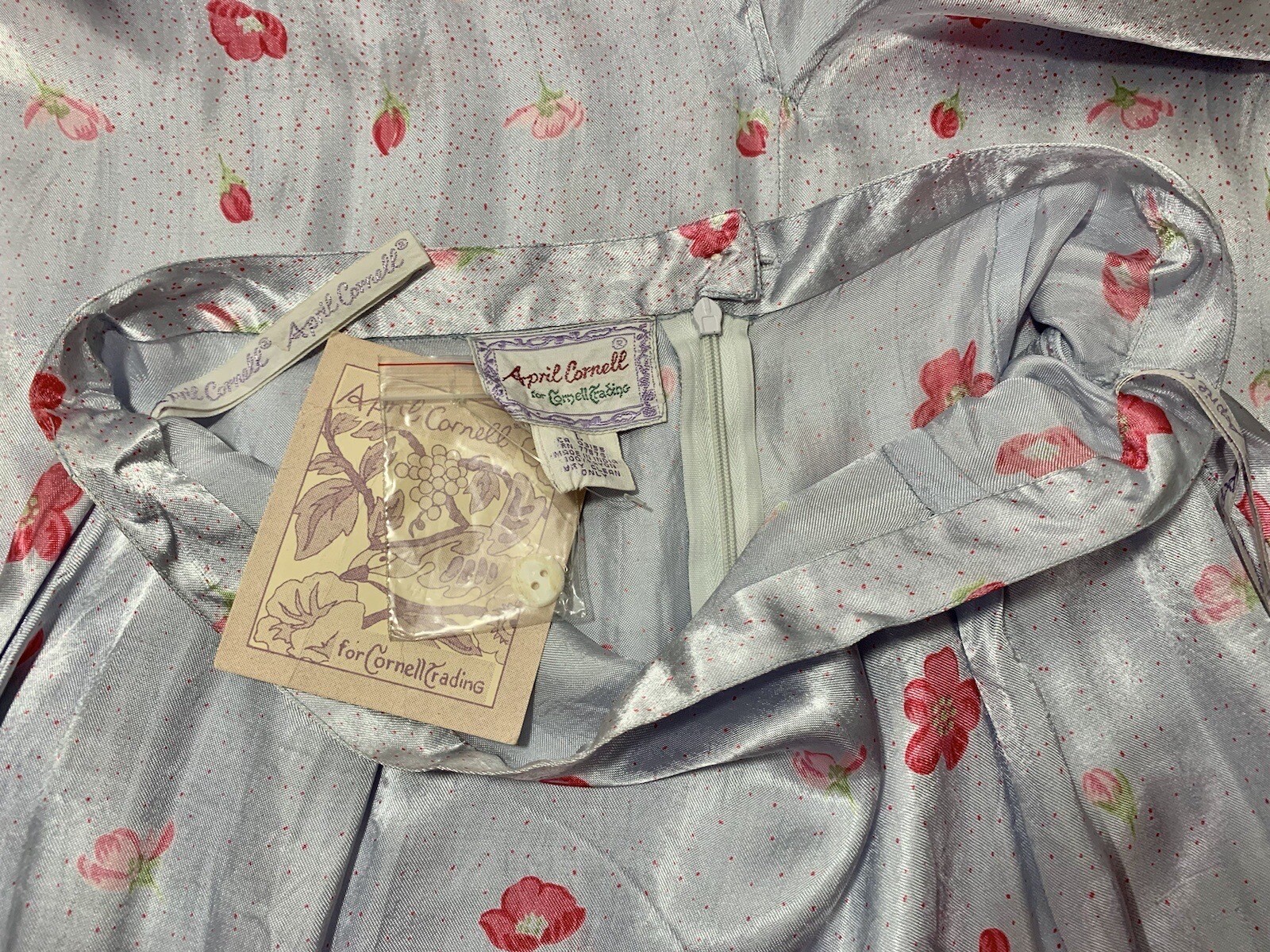 April Cornell Top And Skirt Set Blue And Pink Satin Flowers Size L NWT