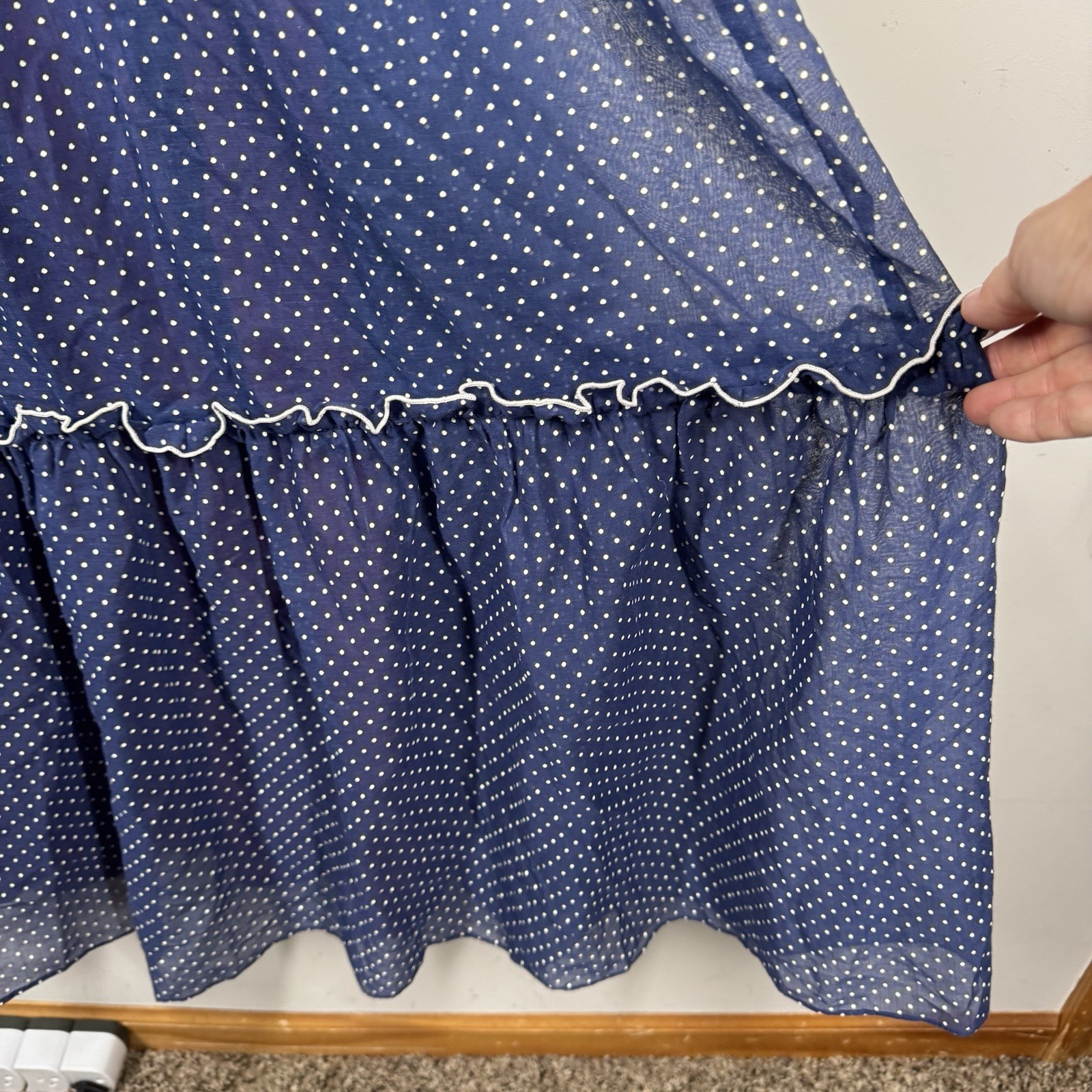 Vtg Ruffle Maxi Dress Sheet Blue Polka Dot Over Lining JC Penny Women Sz 11/12