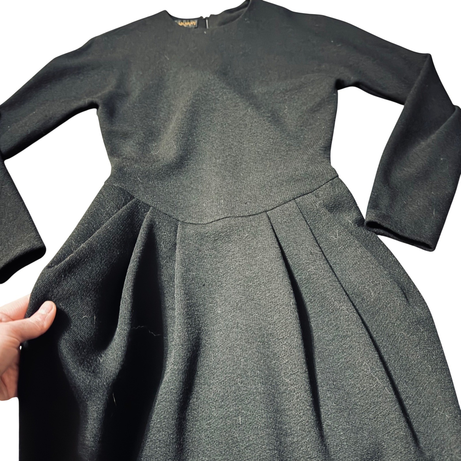 Donna Karan New York Vintage Black 100% Wool Pleated Long Sleeve Dress Sz 2 Pock