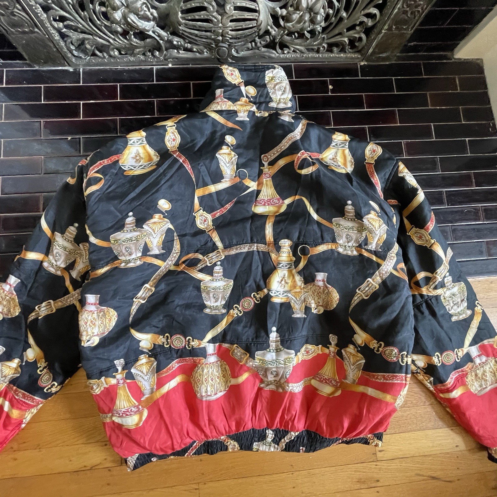 VTG 80s 90s FUDA International Silk Bomber Jacket Baroque Perfume Bottle Scarf L