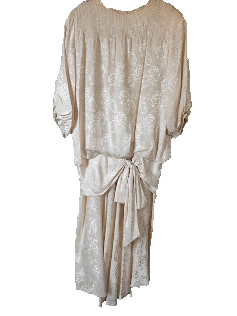 Jack Mulqueen Vtg 80’s Evening Dress Sz 8 Ivory Floral Jaquard Silk Drop Waist