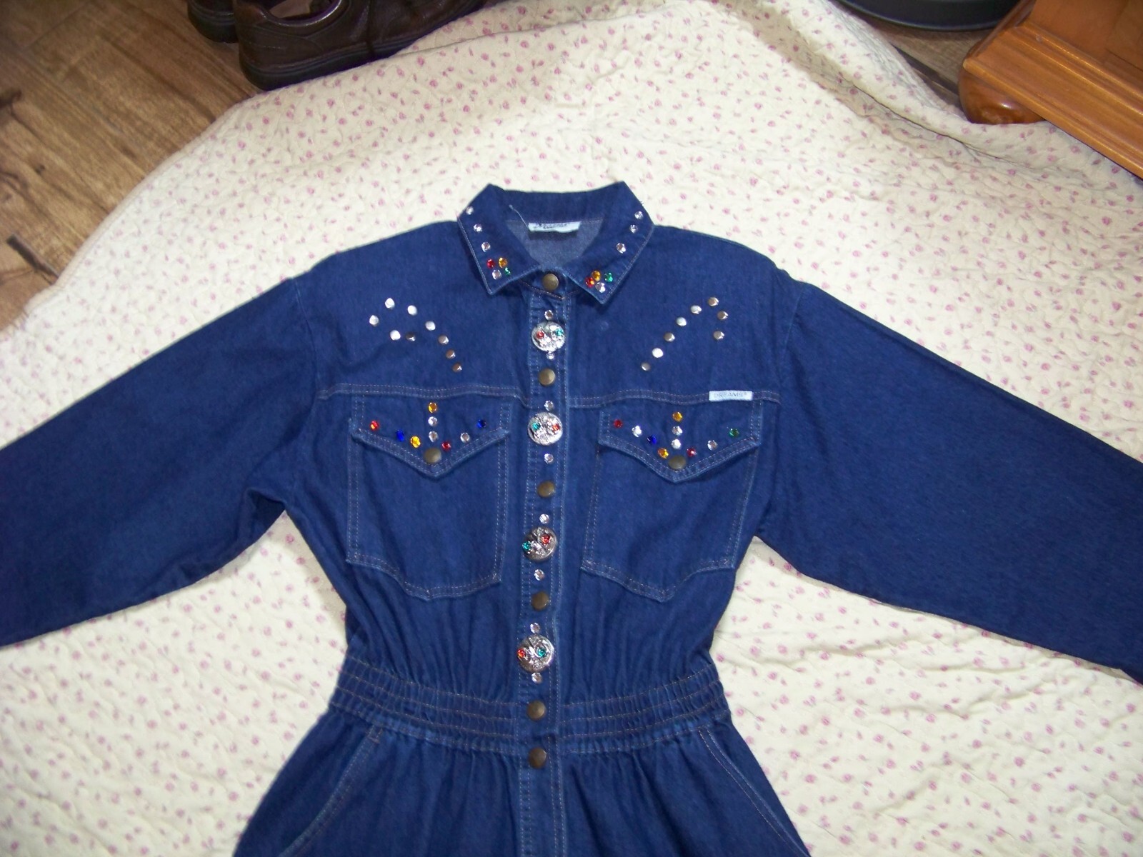 Women s Vintage Dreams Embellished Denim Dress – M (see Measurements)