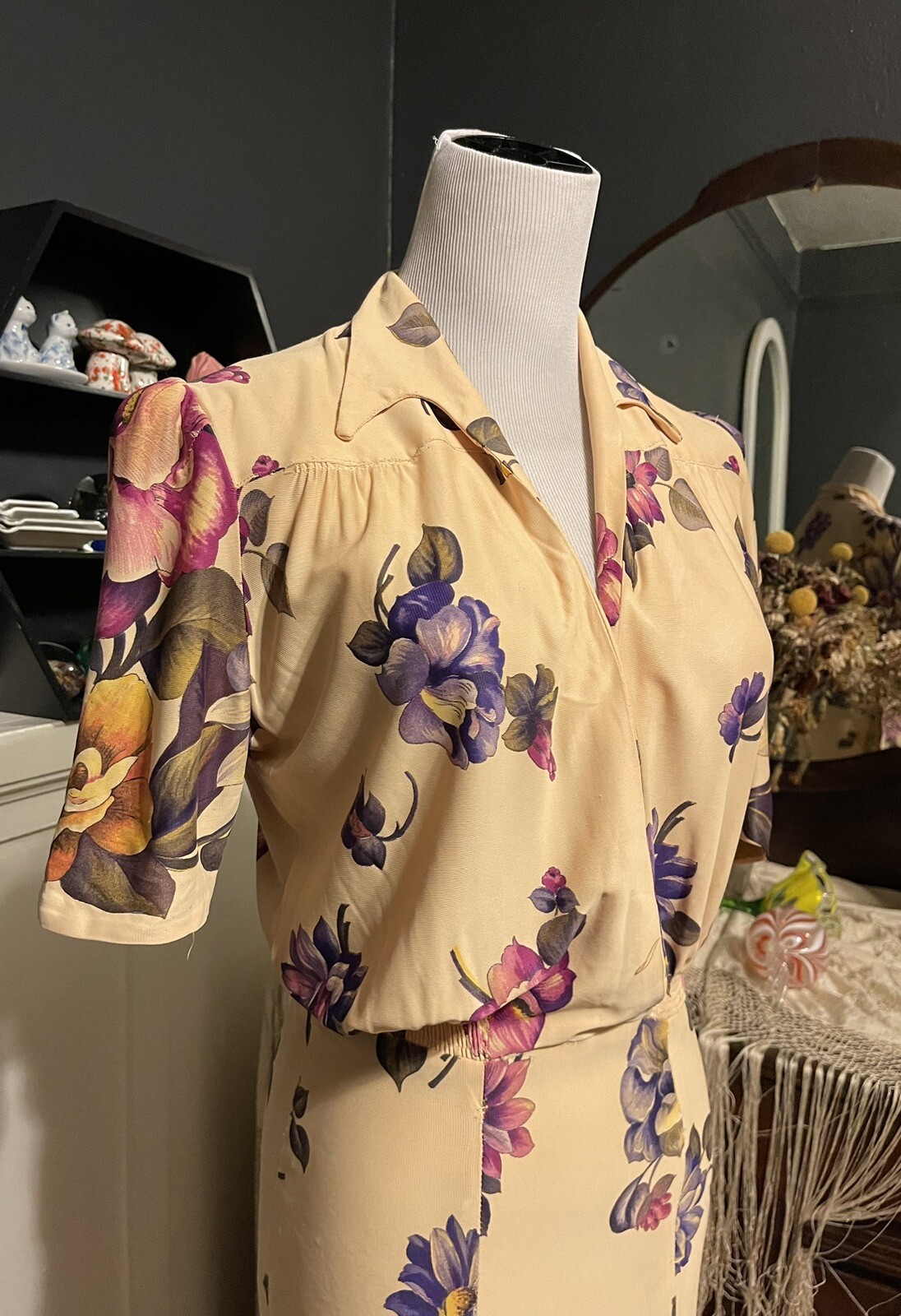 1930’s Rayon Jersey Magnolia Flower Dress | Purple Pink Yellow