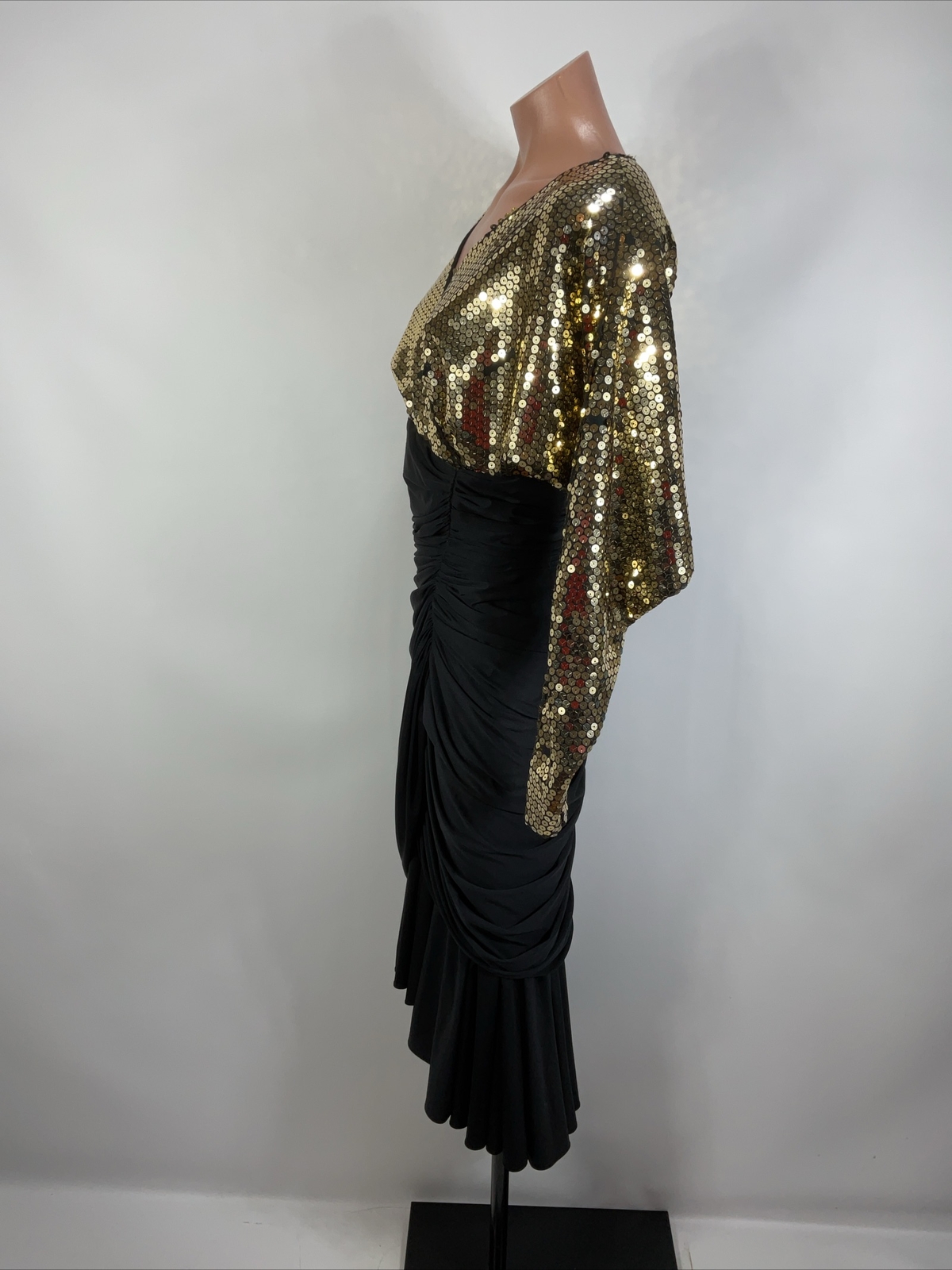 Tadashi VTG Formal Gold Sequin Ruched Draped Cocktail Party Dress Holiday NYE
