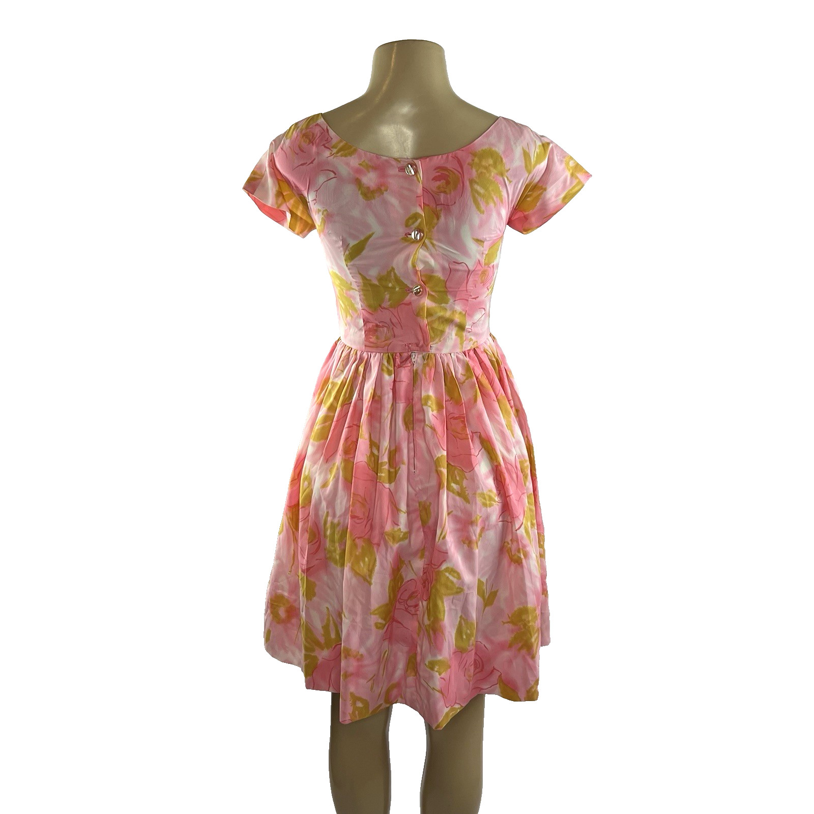 1950s Dress Vintage Pink Floral Rose Print Full Skirt A Line Retro Rockabilly