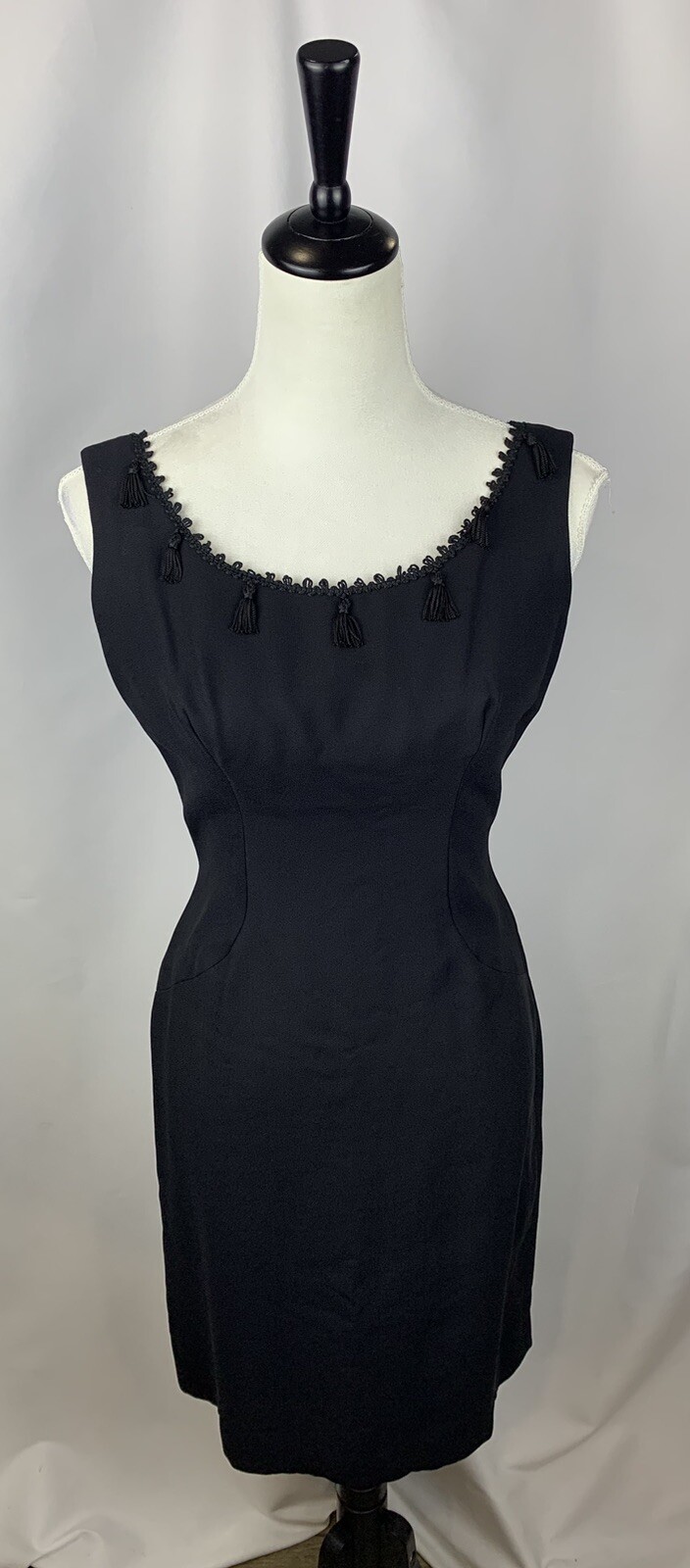 Vintage 60’s Black Fringe Tassels Union Made Sheath Dress Size 11