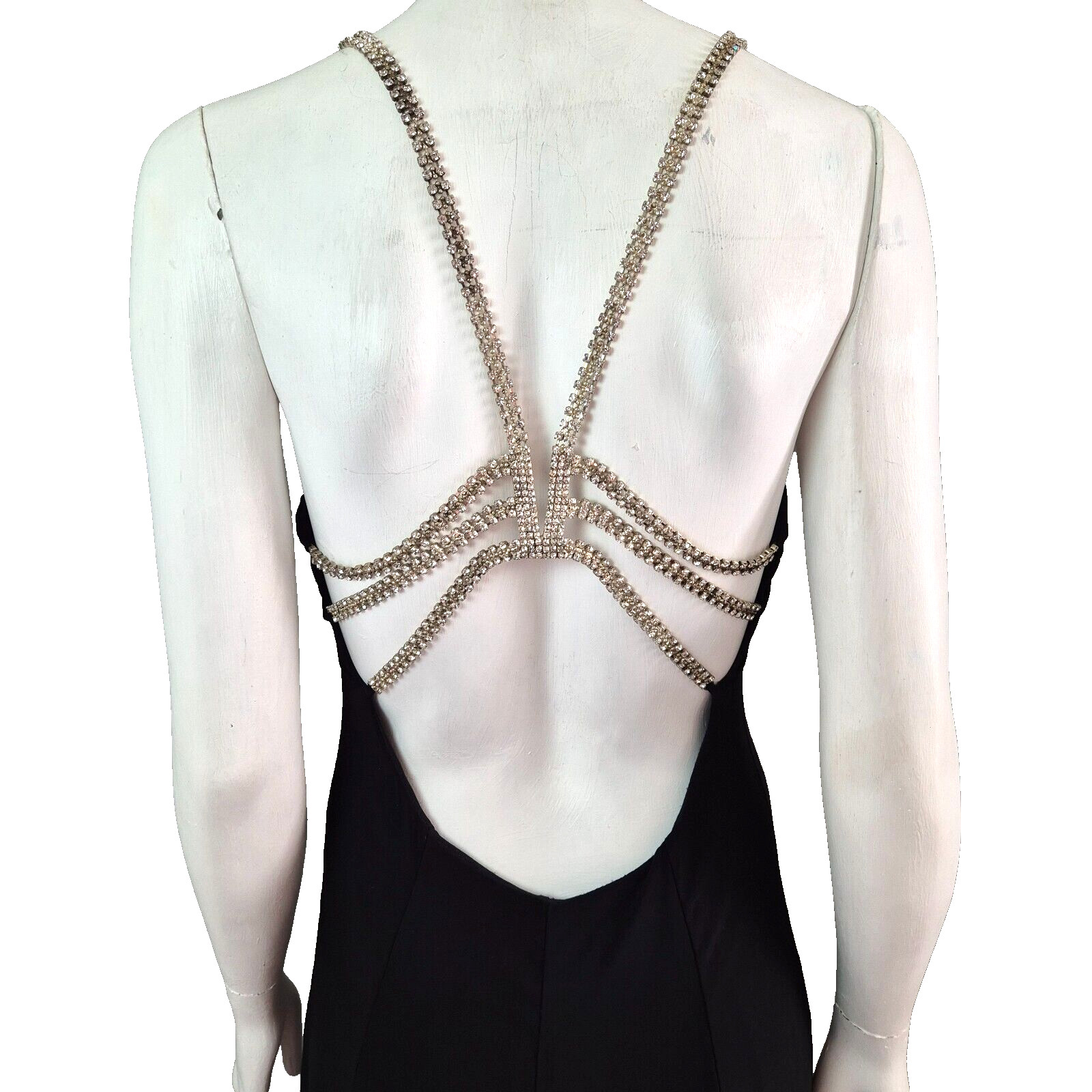Vintage Y2K Dress Rhinestone Embellished Backless Evening Gown Stretch Size 10