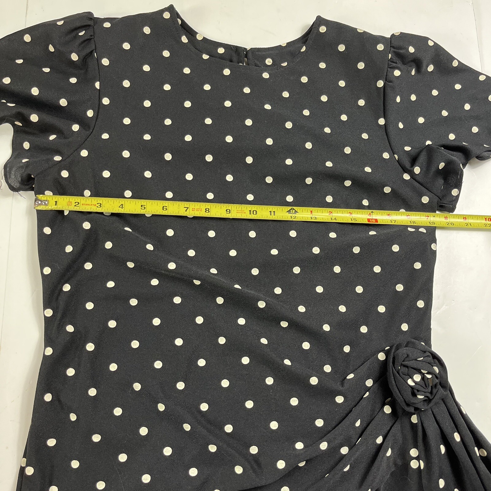 Vintage Black Dress Size 15 16 Black White Polka Dot Gathered Party Classic 80s