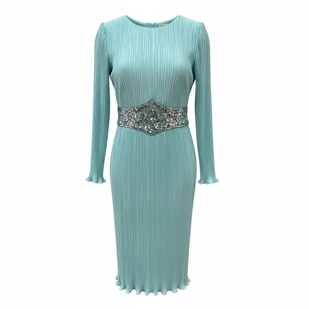 Barbara Chodos Michael Marcella Vintage Pleated Sequin Waist Midi Dress Aqua 12