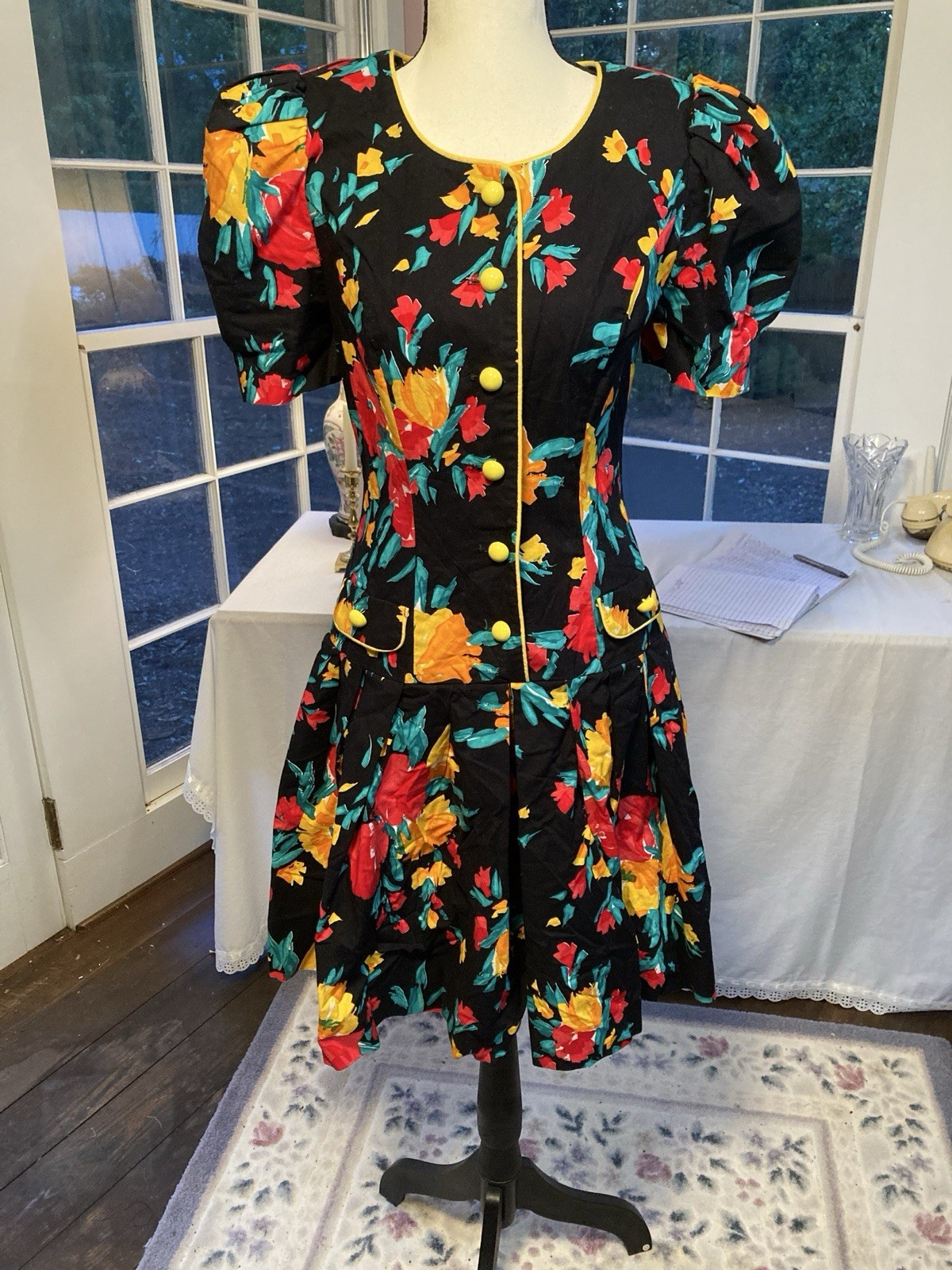 Vintage 1980s Culotte Romper Dress Black And Floral