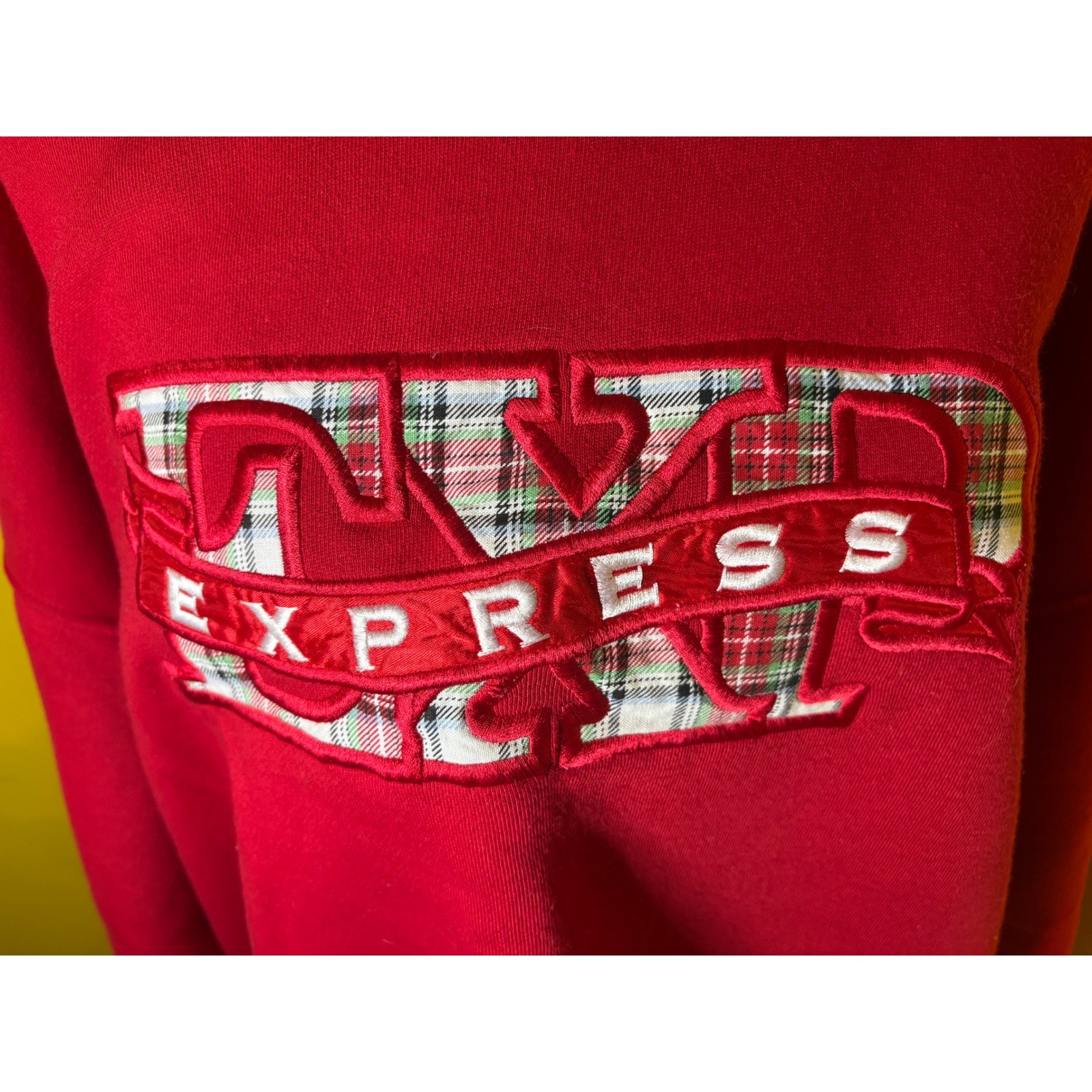 Vintage 90s Express EXP Sweatshirt Red Plaid Tartan Embroidered Logo Medium