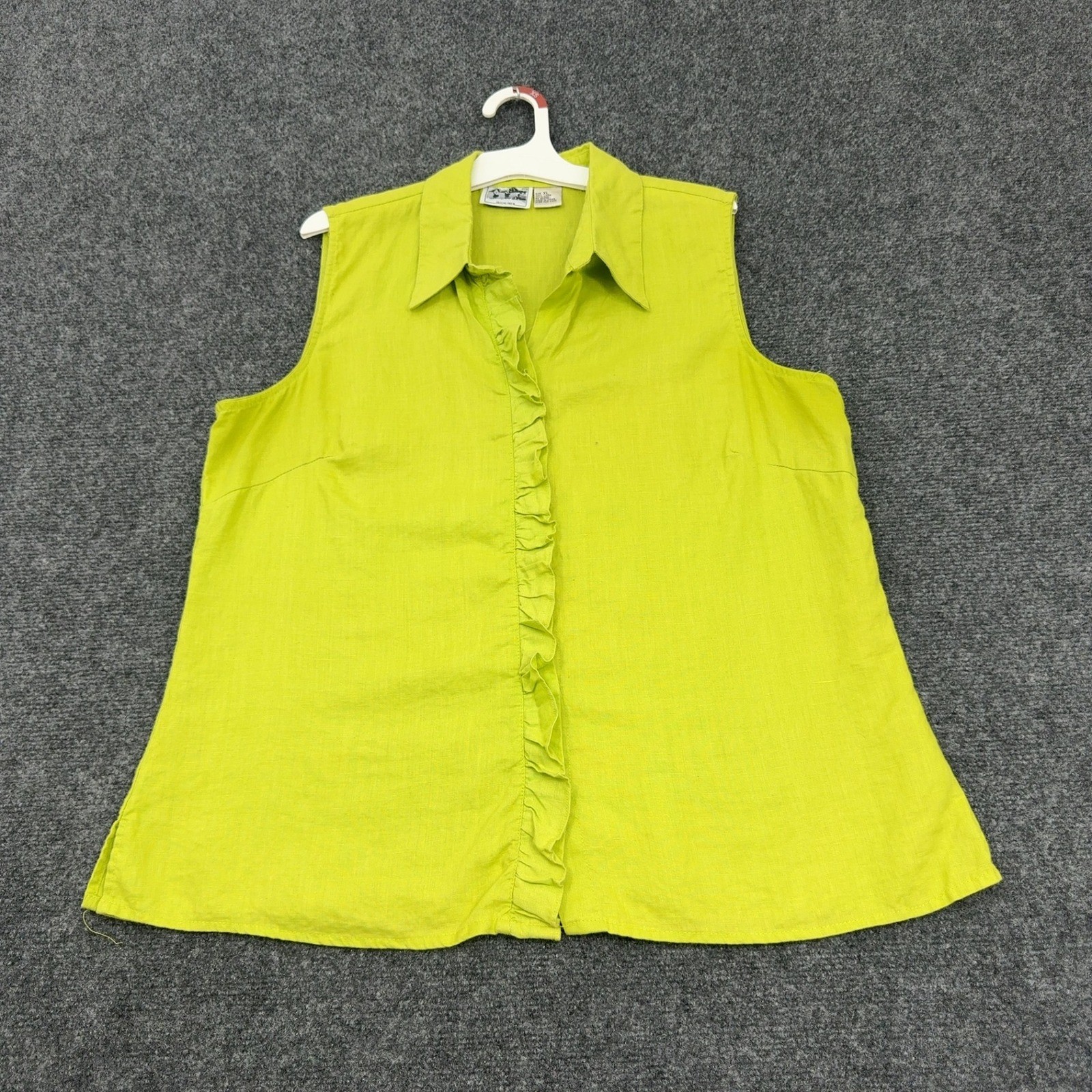 Vintage Irish Linen Sleeveless Shirt Women XL Green Linen Ruffle Button Up Retro