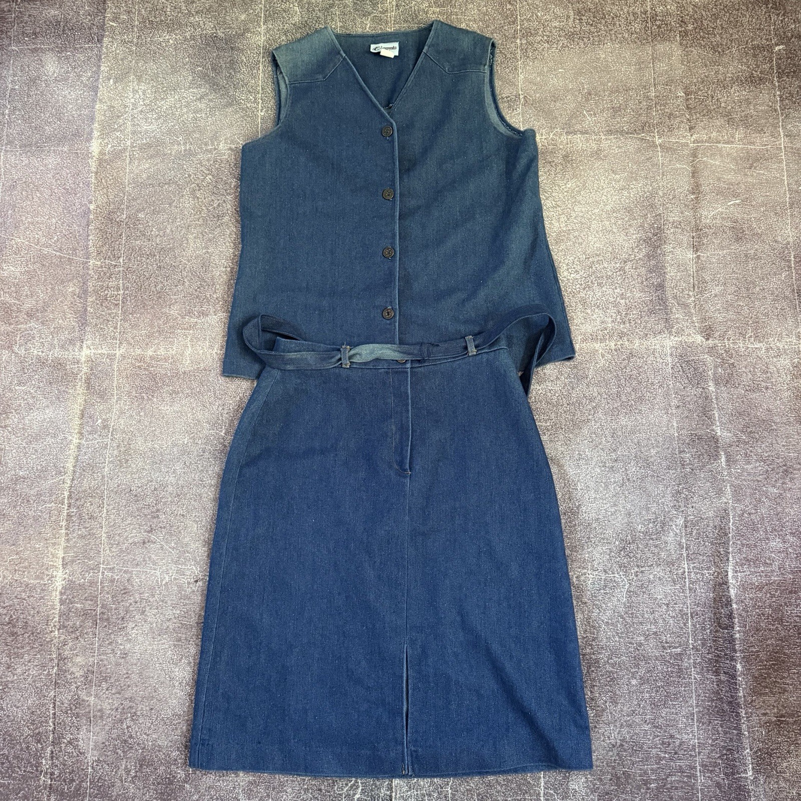 Women’s Vintage 90’s Legends West Blue Denim Vest Skirt Jean Outfit Set Sz 16