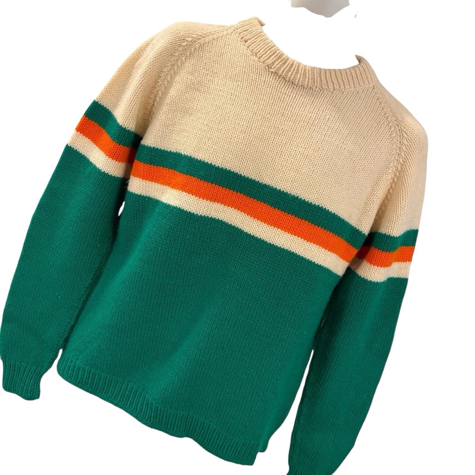 Hand Knit Pullover Sweater Jumper Handmade Bold Stripe Green Size M VTG 90’s Y2K
