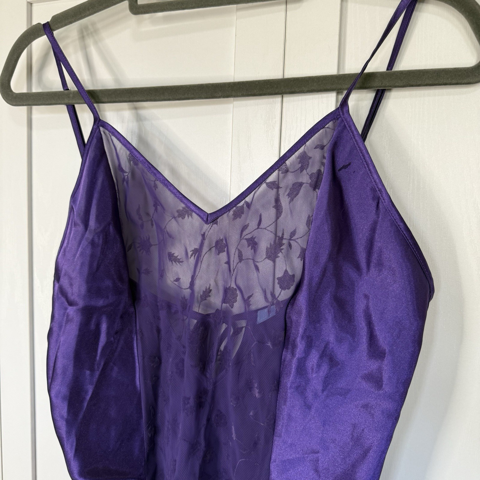 Vintage Warner’s Sleepwear Purple Satin Slip Nightgown M Sheer Floral Mesh Y2K