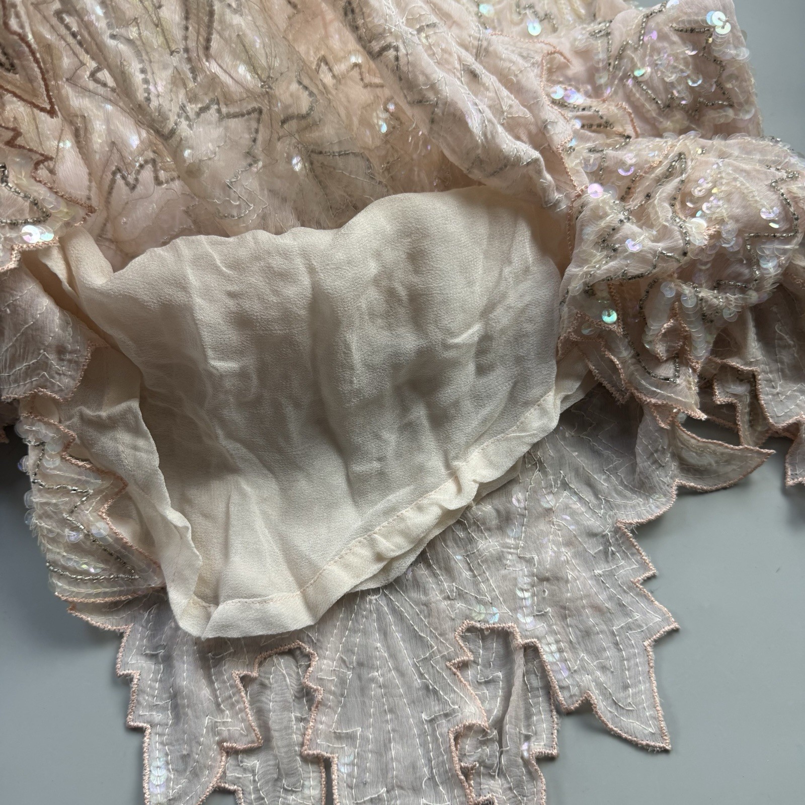 vtg 90s Saint Honore Silk Beaded Sequin Cocktail Dress Blush Pink M Art Deco