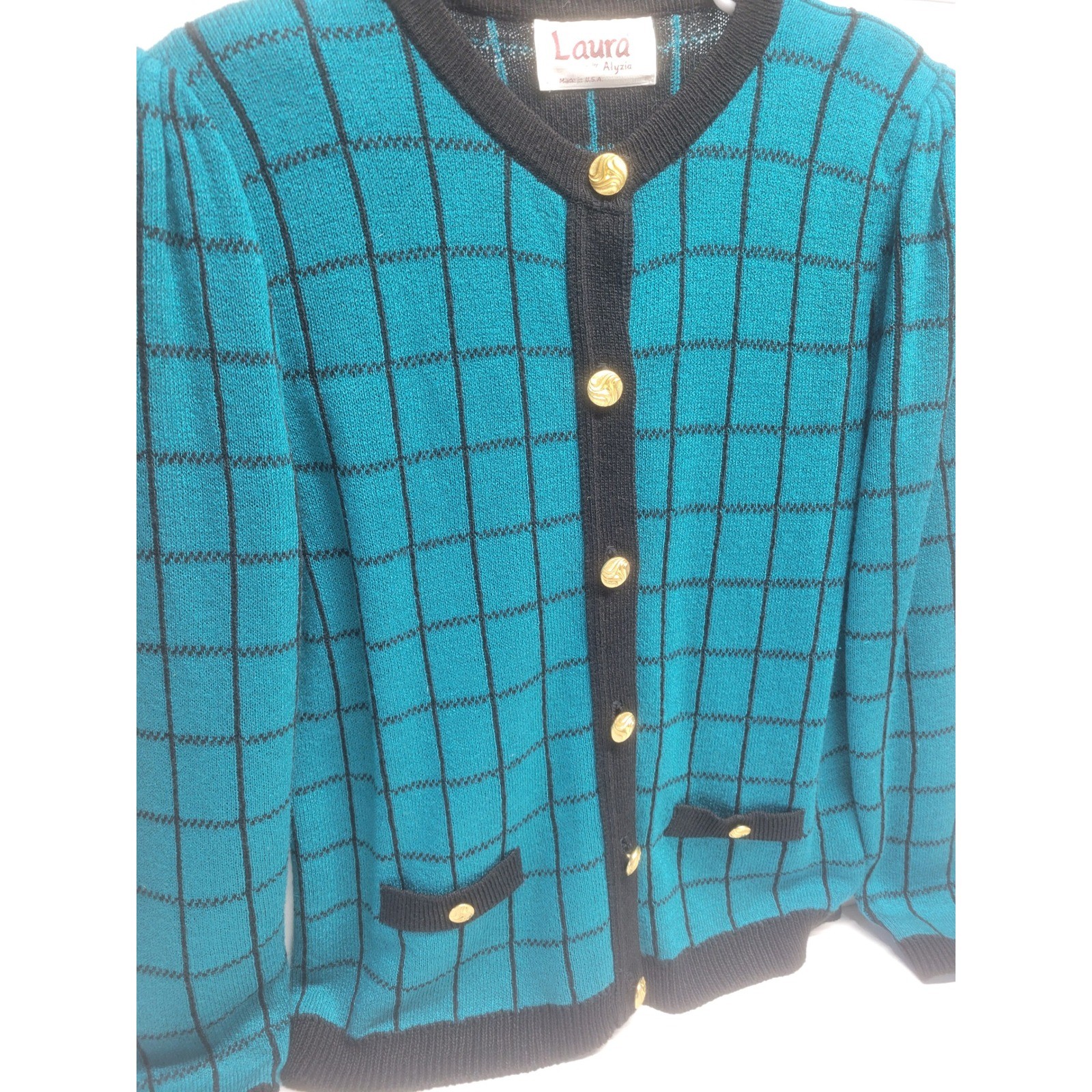 Vintage Laura by Alyzia Teal Black Grid Cardigan Sweater Gold Buttons USA Made