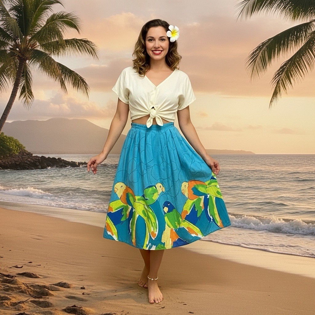 Malia Honolulu VTG 100% Cotton Skirt 14 A-Line Parrot Print Tropical Vacation