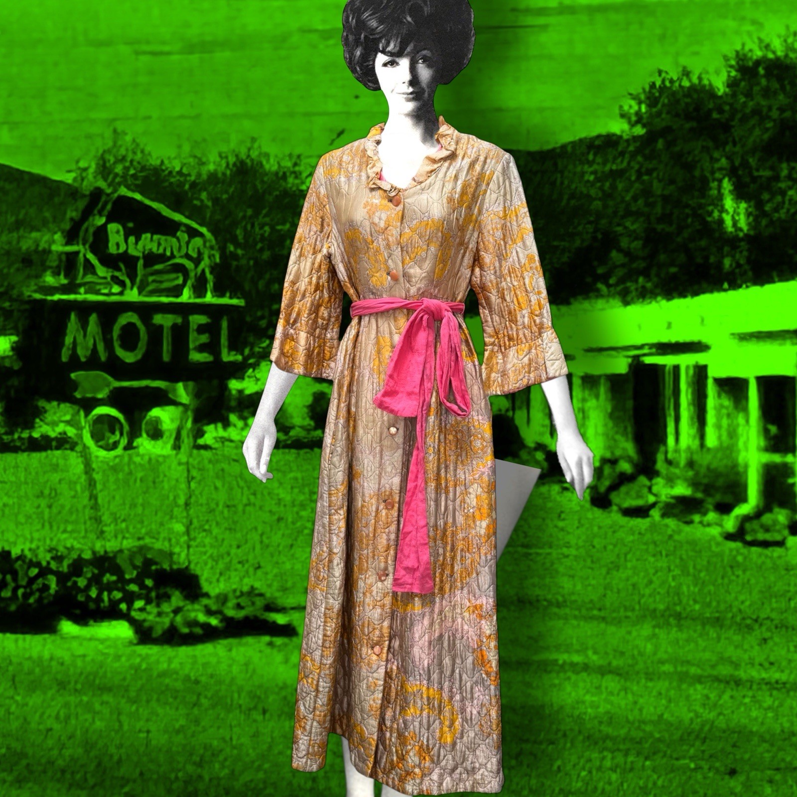 Vintage 1960s Quilted Hostess Gown Pink Sash Lounge Robe Psychedelic Print