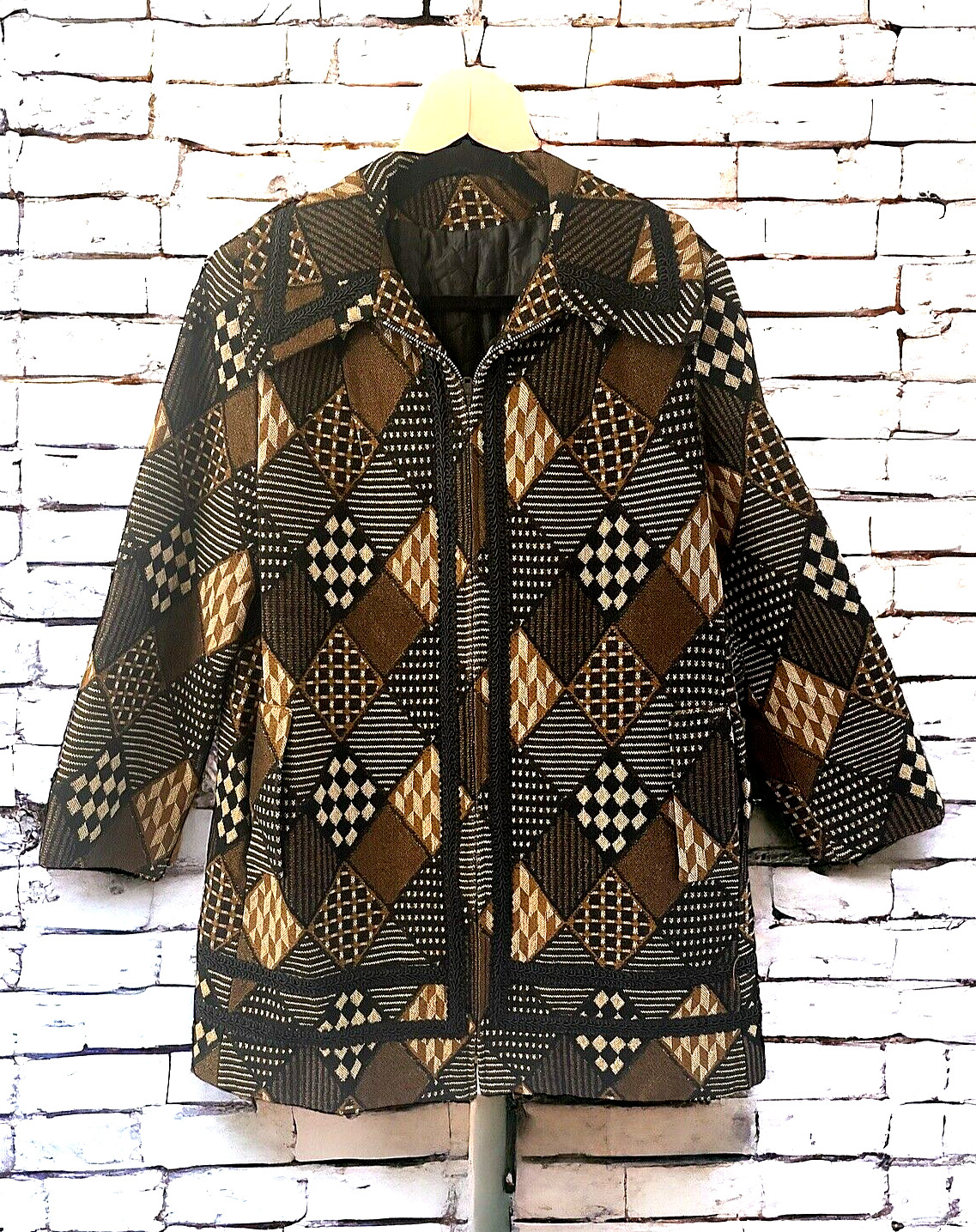 VTG 60s Betty Rose Coat Ladies Union Hand Made Wool Tapestry Geometric Plaid