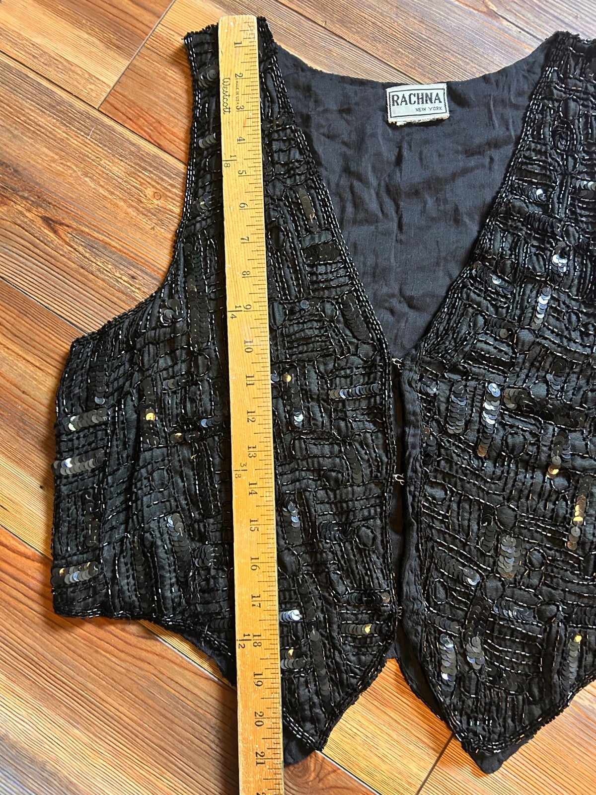 Vintage Crop 80s 90s Y2K Rachna Black Silk Sequined Beaded Vest Small Glam Sexy