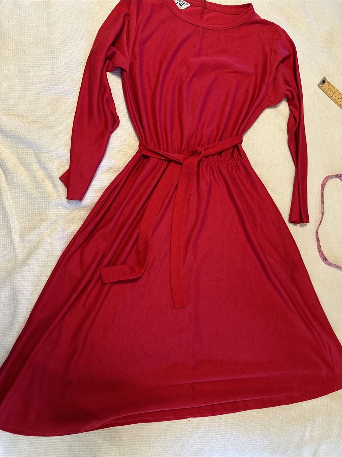 Vtg Blair Long Sleeve Red Polyester Dress Sz S Side Slit Pockets Fit & Flare