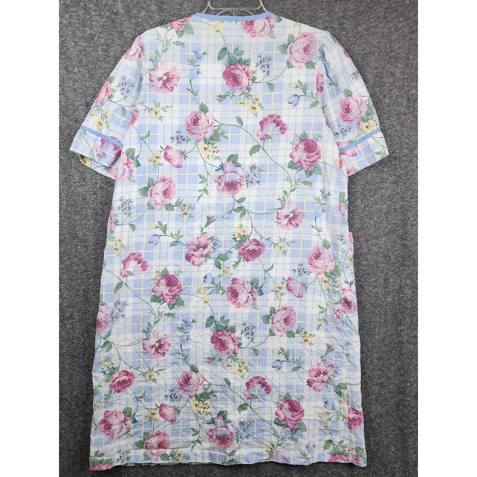 Leisure Life House Dress Womens Medium Blue Pink Floral Plaid Snap Front Duster