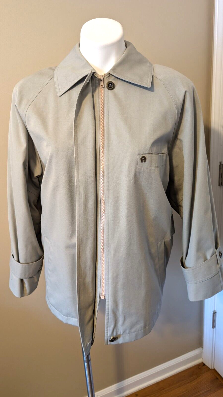 Vtg 80s ETIENNE AIGNER Wool Lined Sage Cotton Blend Zip Jacket Coat Size 6 Reg