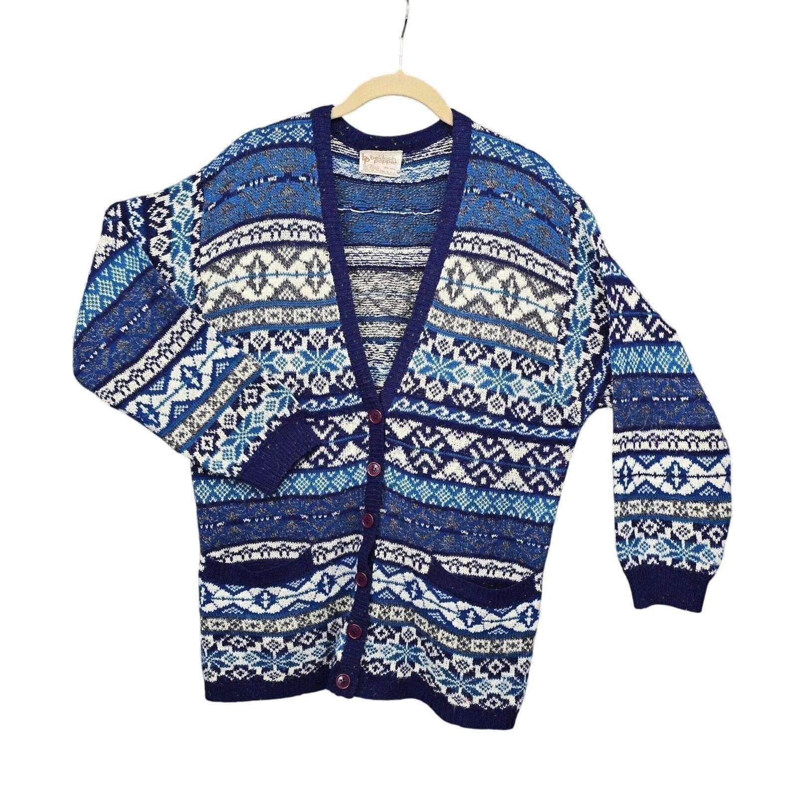 Vintage Beldoch Popper Blue Fair Isle Snowflake Wool Blend Cardigan Sweater L