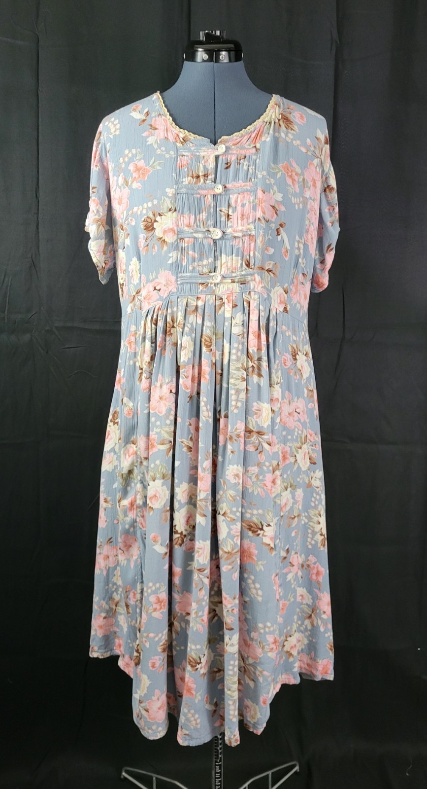 Vintage Ellen Ashley Blueish Grey Dress w Pink & Cream Florals Size 14P