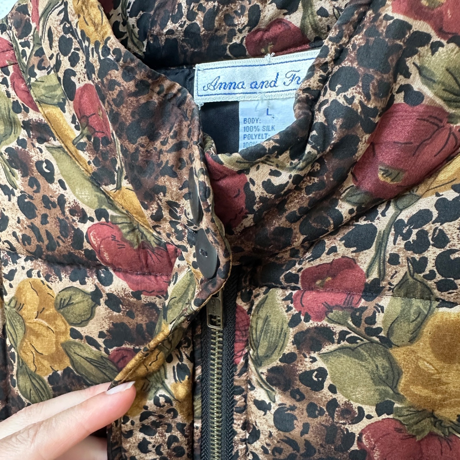 VTG 90s Anna and Frank Silk Quilted Jacket Large Leopard Floral Puffer Coat Warm