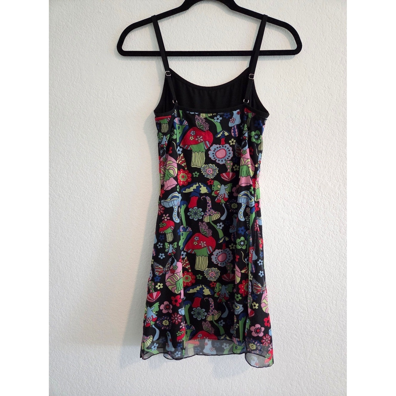 Wowo Black Mushroom Floral Slip Dress Y2K Rave Vibrant Colorful Festival Grunge