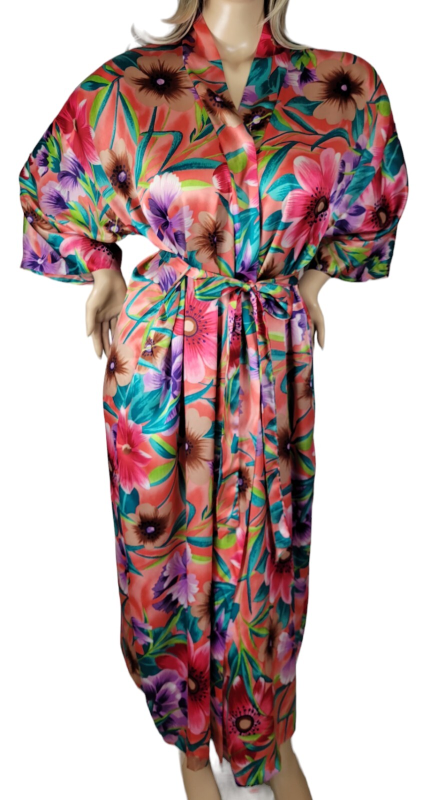 Vtg Sears Just For Women Tropical Floral Satin Maxi Caftan Kimono Robe One Size