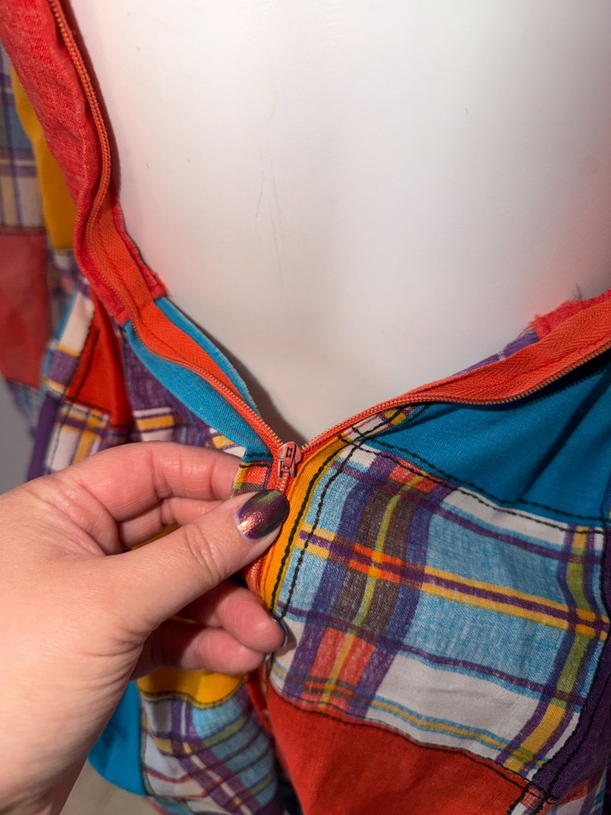 Vintage 70s Patchwork Plaid Micro Mini Dress Faux Vest Red Babydoll XXS/XS