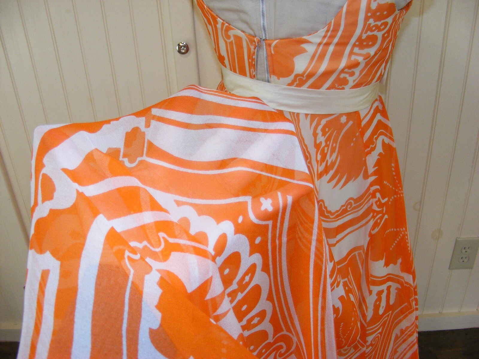 1970 DRESS KIKI HART COUTURE ORANGE WHITE CHIFFON EMPIRE WAIST BALL GOWN SM