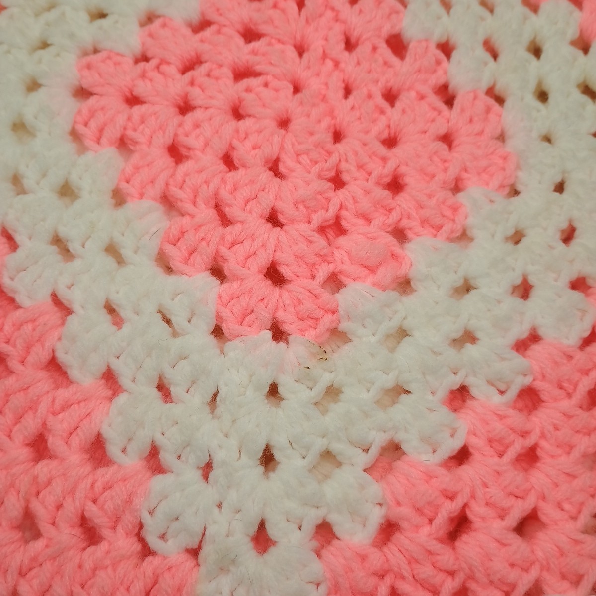 Hand Knit Granny Square Shawl, Cape, Wrap With Fringe Small Pink White Vintage