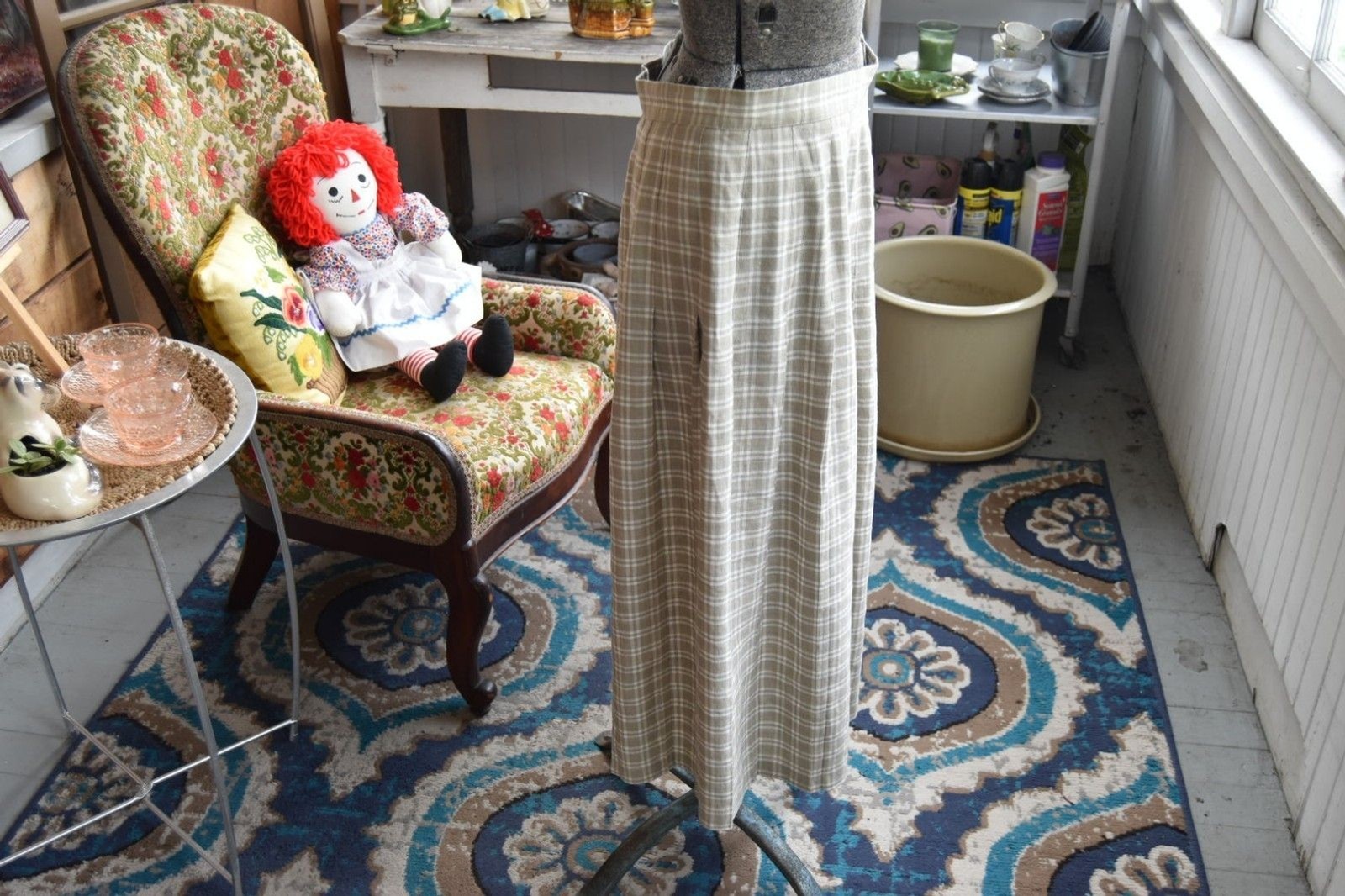 Vintage 80s Plaid Skirt Stanley Blacker Linen Blend Beige and White Size Large